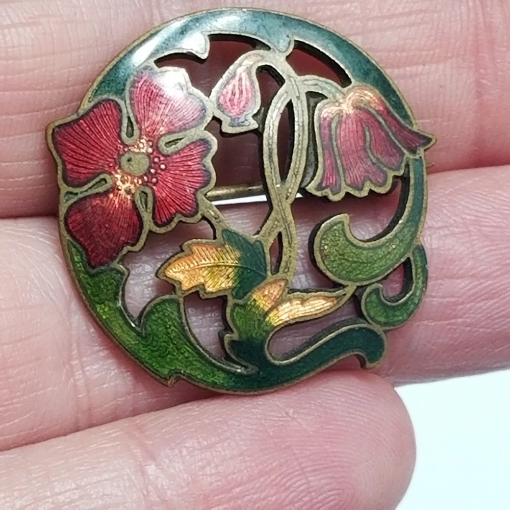 Antique brooch pin poppy flowers floral gold tone Victorian Edwardian red